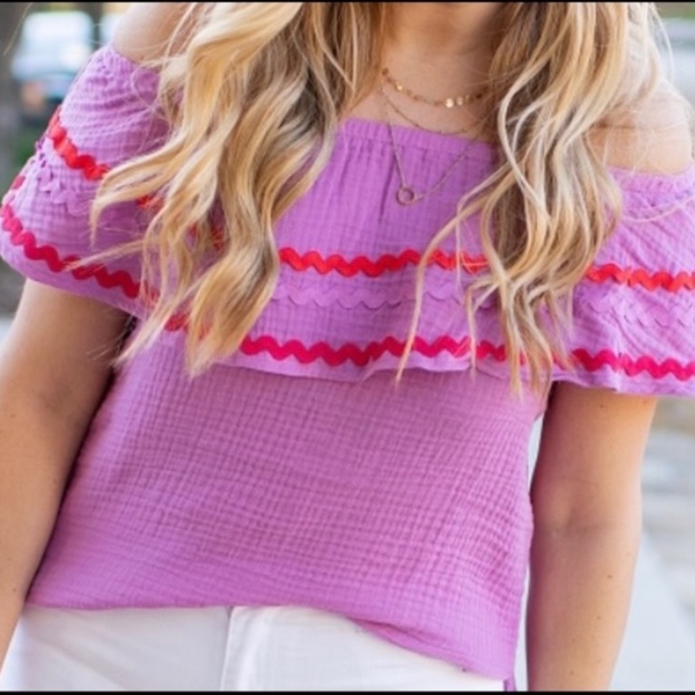Gibson Hi Sugar Plum purple ric rac off the shoulder top